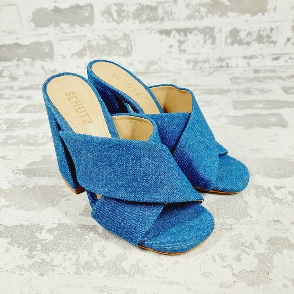 NEW Schutz Callie Blue Velvet Crossover Heeled Mule Sandals F653 - Picture 4 of 12